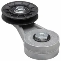 Self-adjusting V-belt tensioner with a tension range of 0 lbf to 30 lbf and a 3 in pulley outside diameter. Automatically maintains proper belt tension to reduce slippage and extend belt life. Suitable for use in industrial machinery, conveyors, and HVAC systems
