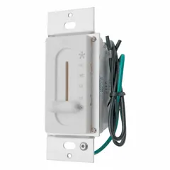 This HUNTER ceiling fan control features a white plastic finish and a dual-slide switch for adjusting fan speed and light settings. Designed for use with Hunter residential ceiling fans, it measures 2 3/4 inches in length. Suitable for replacing or upgrading fan controls in residential settings.