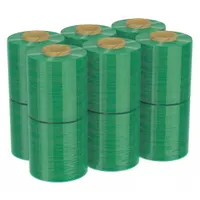 Light green stretch wrap film with handle and brake for controlled manual application. Each roll is 4 inches wide by 1000 feet long. Sold as a 12-pack. Used for bundling, securing, and protecting pallet loads during storage and transport