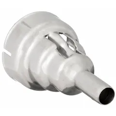 This MAKITA welding nozzle is designed for use with a welder on plastics. It has an outside diameter of 1 3/8 in. The nozzle directs hot air for fusing or repairing plastic surfaces.