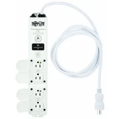 This healthcare surge protector features 4 outlets, a 6 ft cord, 1410 J surge energy rating, and 15 A current capacity. It is UL 60601-1 listed for use in patient care areas. The unit mounts with screws for secure installation.