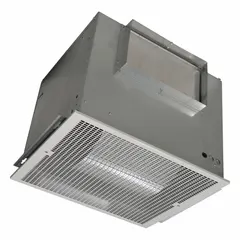 Standard bathroom exhaust fan for ceiling mounting. Operates at 115V AC with variable speed control. Delivers up to 1592 cfm at 8.4 sones. Features a rectangular duct connection and includes a grille. No heater or sensor. Suitable for removing moisture, odors, and airborne contaminants in large bathrooms or similar spaces.