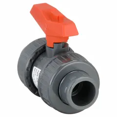 PVC ball valve with straight body, full port ball port, and FNPT x FNPT connections. Equipped with a tee handle for manual two-way flow control. Suitable for industrial piping systems requiring corrosion resistance and reliable shut-off.