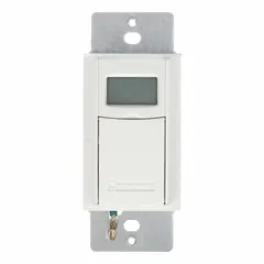 Digital programmable timer for automating lighting or other electrical loads on a 7-day schedule. SPST switching, 1-minute minimum timing, 277V AC. White finish, wall plate not included.