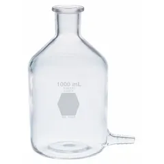 This 500 mL glass reservoir bottle features a bottom outlet for controlled liquid dispensing in laboratory setups. The narrow mouth and colorless body allow clear observation of contents. Suitable for use as a reservoir in liquid handling systems, chromatography, and fluid transfer applications.