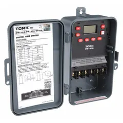 Surface-mount digital timer switch with a 7-day schedule and DPST switching, rated for outdoor use. Operates on 120-277V AC. Polycarbonate body. Suitable for controlling lighting, HVAC, or other electrical loads on a timed schedule.