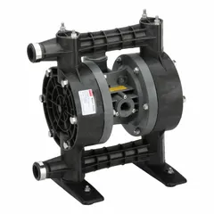 This air-operated double-diaphragm pump features a PVDF housing and seat, with PTFE check valves. It has a 1-inch NPT connection, delivers up to 35 gpm, and achieves a maximum head of 231 ft. Suitable for transferring corrosive or abrasive fluids in industrial fluid-handling applications.