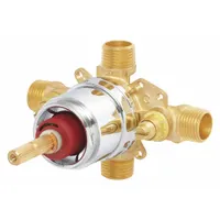 Brass pressure balanced shower valve for maintaining consistent water temperature during pressure fluctuations. Includes rough-in template. Compatible with model CPT-12001. Used in residential or commercial shower installations as a replacement part