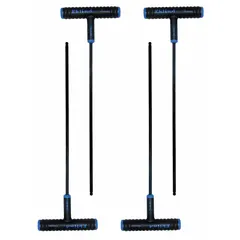 Set of four T-shaped hex keys with 4 mm metric tip size. Made from long alloy steel with black oxide finish. Used for tightening or loosening hex socket screws in assembly, maintenance, and repair tasks.