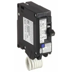 The Siemens QA120AFC is a 1-pole, 20 A, 120V AC miniature circuit breaker from the Q Series. It is a Combo Arc Fault Circuit Interrupter (CAFCI) designed for use in Siemens load centers, providing protection against series and parallel arcing faults in branch circuits. Suitable for residential and light commercial applications.