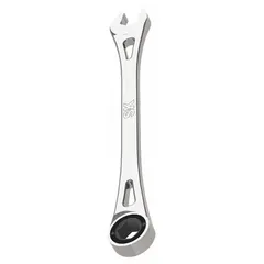This SAE 6-point ratcheting combination wrench features a 3/8 in head size and an overall length of 6 3/4 in. The chrome finish resists corrosion. The ratcheting box end allows fast operation in confined spaces, while the open end provides standard turning capability.