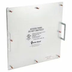 Rectangular fire-rated access door for duct systems. Constructed from 16 ga steel with thumbscrews for tool-free opening. Includes 8 mounting studs for secure installation. Rated for maximum temperature of 2,300°F. Suitable for inspection, cleaning, and maintenance access in high-temperature exhaust ducts.