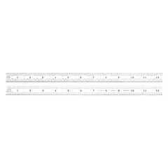 This 18-inch steel ruler from STARRETT features a satin chrome finish with black etched graduations of 1/100 in and 1/64 in. With a thickness of 0.02 in, the flexible SAE design allows for accurate measurements on flat or curved surfaces. Suitable for general measuring and layout tasks in machining, metalworking, and inspection.