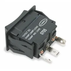 This rocker switch features a 3-position On/Off/On action with SPDT contact configuration. It is suited for general-purpose on/off control in applications such as bilge pumps, navigation lights, or ventilation systems in marine and industrial environments.
