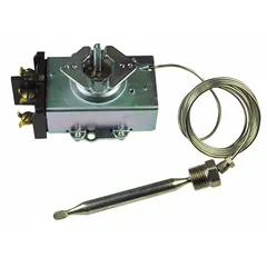 Electric thermostat for temperature regulation in HVAC and refrigeration systems. Suitable for use in ovens, furnaces, and process equipment requiring electric temperature switching.