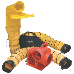 Centrifugal blower for confined space ventilation. 8-inch duct diameter, 3/4 hp motor, dual voltage 120/240 V AC. Includes 90-degree elbow. Orange finish. Used to supply fresh air in tanks, vaults, and other enclosed areas.