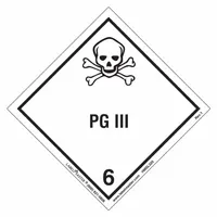 PVC placard for identifying Class 6 toxic, poison inhalation, and infectious substances during transport. Displays PG III message. Measures 3 15/16 in high by 4 in wide. Pack of 500