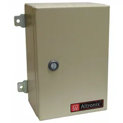 This power supply board with enclosure accepts 115V AC input and delivers 24Vac at 3.5A. Housed in a steel NEMA 4-rated enclosure, it is suitable for powering security, access control, and industrial automation equipment in environments requiring protection against dust and water.