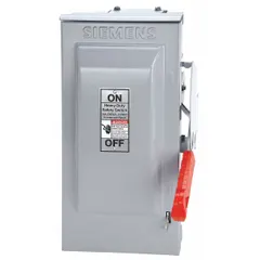 The Siemens HF361R is a three-phase fusible safety switch rated for 30 A and 600V AC. It features a galvanized steel enclosure suitable for indoor and outdoor use. This switch provides circuit disconnection and overcurrent protection for electrical systems.