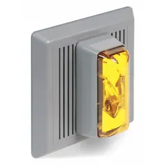 Wall-mount horn alarm with xenon strobe light for audible and visual signaling. Operates on 24V DC with wire-lead connections. Dimensions: 5 1/2 in overall length and width. Suitable for industrial safety systems requiring both sound and light alerts.