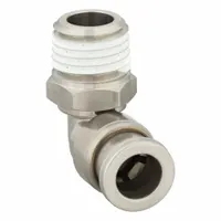This SMC stainless steel push-to-connect elbow fitting connects 5/16 in OD tubing to a 1/4 in male NPT threaded port. It is used in pneumatic systems for industrial automation, packaging, and material handling applications requiring a corrosion-resistant, leak-free connection
