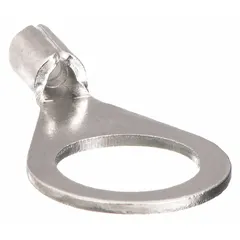 Non-insulated ring terminal for #4 stud size, accepting 12 AWG to 10 AWG wire. Rated 600 V with brazed barrel and seam construction. Used to terminate wires to studs or screw terminals in control panels, motor connections, and power distribution systems.