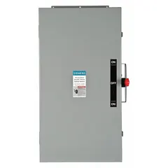 Non-fusible safety switch rated for 200 A, three-phase, 600V AC. Housed in a galvanized steel enclosure for indoor use. Used for isolating and disconnecting electrical circuits in industrial and commercial facilities, such as motor disconnects and branch circuit isolation.