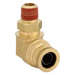 Brass adapter with 1/4 in OD push-to-connect x 1/8 in MNPT pipe fitting size. Features Vibra-Seal thread sealant for leak-free joints. Used in pneumatic control lines and air brake systems.