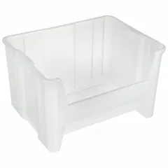 This clear plastic stacking bin from AKRO-MILS is designed for industrial storage and organization of parts, components, and tools. With a 75 lb load capacity and dimensions of 19 7/8 in x 15 1/4 in x 12 1/2 in, it allows visual identification of contents and efficient use of vertical space through stacking. The bin is not electrostatic discharge conductive and contains 0% recycled content.