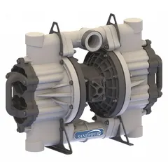 This air-operated double-diaphragm pump features a polypropylene housing with 2-inch NPT connections, rated for 150 gpm flow and 231 ft maximum head. The seat is 316 stainless steel, and the check valves are Buna-N. Suitable for transferring corrosive or abrasive fluids in industrial processing and water treatment applications.