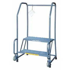 This steel Easy Tilt-&-Roll Ladder from BALLYMORE provides a 1.6 ft platform height for accessing elevated storage or work areas. It features double handrails for stable climbing support and a gray finish. The unit is unassembled and has no locking mechanism or rear chain. Typical applications include warehouses, retail stockrooms, and industrial facilities.