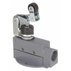 Top-mount limit switch with a roller arm plunger actuator and lever arms. Features screw terminals for electrical connection. Used for position sensing and end-of-travel detection in industrial machinery and automated equipment.