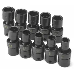 This 10-piece metric flex impact socket set features a 3/8 in drive size and includes sockets from 10 mm to 19 mm. The flex design allows access to fasteners in confined or awkward positions. Suitable for use with impact wrenches in automotive repair, industrial maintenance, and assembly tasks.