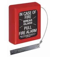 Surface-mount, wall-mount guard for manual fire alarm pull stations. Clear polycarbonate construction with the legend 'IN CASE OF FIRE BREAK GLASS PULL FIRE ALARM'. Protects against accidental activation or damage while providing clear emergency instructions