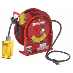 Self-retracting cord reel with ratchet lock for adjustable cord length. Includes 45 ft of 12 AWG SJEOOW cable with NEMA 5-15P feeder plug and NEMA 5-15R retractable outlet. Suitable for powering tools and equipment in workshops, garages, and maintenance areas.