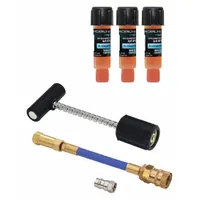 This UV leak detection kit is designed for use with R-1234yf refrigerant systems. It includes three 0.25 oz cartridges of A/C dye for R-1234yf/PAG, an R-1234yf hose coupler, and a purge fitting. Used to locate refrigerant leaks in automotive air conditioning systems