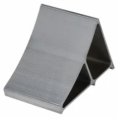 Single silver aluminum wheel chock without handles. Overall dimensions: 11 3/4 in length, 7 in width, 8 in height. Lightweight and cold-resistant construction for securing vehicles during loading, unloading, or maintenance in outdoor or cold environments.