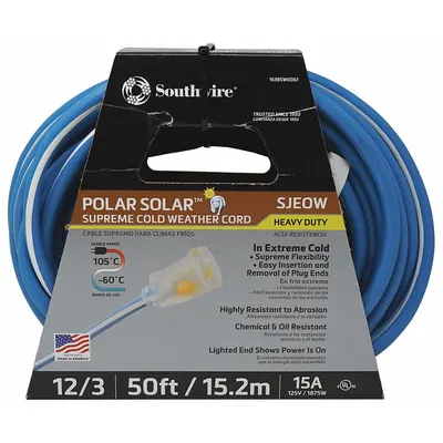 SOUTHWIRE 50 ft Outdoor Extension Cord, 12/3 SJEOW, 125V, NEMA 5-15P, Blue/White - Outdoor Extension Cords with Single Outlet