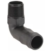 This polypropylene rigid barbed hose fitting connects 1/2 in hose to 1/4 in NPT male threads. It features a hose barb on one end and NPT male threads on the other, with a hex body for wrench tightening. Suitable for air, water, and chemical transfer in industrial fluid handling systems