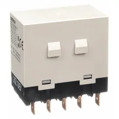 Bracket-mounted power relay with square base and W-bracket mounting style. Features 3PST-NO/SPST-NC contacts rated 25 A at 220V AC (resistive load NO) and 24V DC coil. Quick-connect terminals. Suitable for switching high-current loads in control panels and industrial automation.