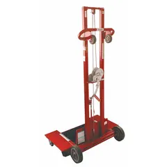 This portable platform lift truck from Dayton is constructed with a steel platform measuring 20 inches long by 24 inches wide. It features a hand winch for lifting and lowering loads within a range of 6 1/4 inches to 59 inches. The unit is equipped with two axle-mounted wheels for mobility. Typical applications include lifting and transporting materials in industrial environments such as warehouses, maintenance shops, and assembly areas.