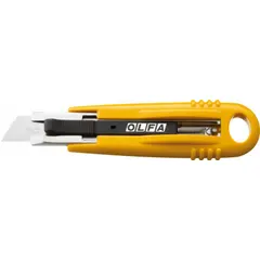 This automatic retracting utility knife features a textured yellow plastic body and a quick-change blade mechanism. The blade retracts immediately when contact with the cutting surface is released, enhancing safety. Overall width is 1 1/2 inches. Suitable for cutting cardboard, shrink wrap, and packaging materials.