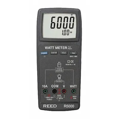 REED INSTRUMENTS Watt Meter: 600 V Max AC Volt Measured, For Single Phase, CAT III 600V - Power Meters