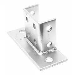 Steel post base for double strut channels sized 1-5/8 in x 3-1/4 in. Hot dipped galvanized finish. Includes 8 mounting holes. Used to secure vertical supports to floor or wall surfaces in strut channel framing systems.