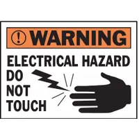 Polyester warning signs for electrical hazards, supplied in a 5-pack. Each sign measures 3 1/2 in x 5 in nominal size, 0.01 in thick, with adhesive mounting. Not retroreflective or glow-in-the-dark. Suitable for marking dangerous electrical equipment or panels in industrial facilities, plants, and maintenance areas