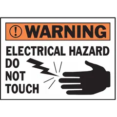 Polyester warning signs for electrical hazards, supplied in a 5-pack. Each sign measures 3 1/2 in x 5 in nominal size, 0.01 in thick, with adhesive mounting. Not retroreflective or glow-in-the-dark. Suitable for marking dangerous electrical equipment or panels in industrial facilities, plants, and maintenance areas.