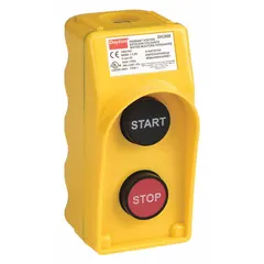This push-button pendant features two momentary push buttons labeled Start/Stop with 1NO/1NC contact configuration. The plastic enclosure is rated NEMA 1/3/3R/4/4X for indoor and outdoor use. AC contact rating is 10 A at 600 V; DC contact rating is 5 A at 600 V. Typical applications include remote start/stop control of industrial machinery.