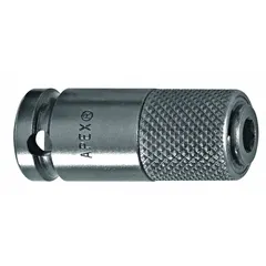 Power bit holder socket with 7/16 in output drive size and hex drive type. Overall length of 2 in. Includes locking mechanism for secure bit retention. Used in industrial fastening applications requiring high-torque assembly.