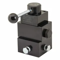 Manually operated directional control valve with three positions and manifold mounting. Features 1/4" NPT ports for hydraulic systems requiring flow direction control in industrial machinery, mobile equipment, or power units.