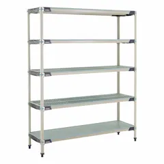 This shelving unit features a 304 stainless steel frame and shelves with antimicrobial resistance properties. It includes 5 shelves, with an overall height of 74 inches. Suitable for environments requiring corrosion resistance and hygiene, such as food processing or pharmaceutical facilities.